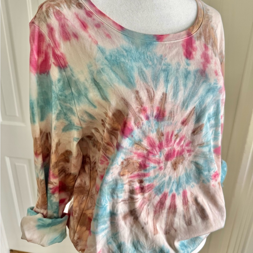 Handmade Tie-Dye Long Sleeve Tunic Length Pima Cotton Top Blue Pink Taupe White